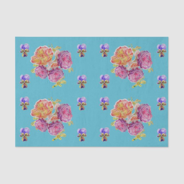 Pretty Rose Flower Floral Turquoise Roses Pattern Tissue Paper (Front)