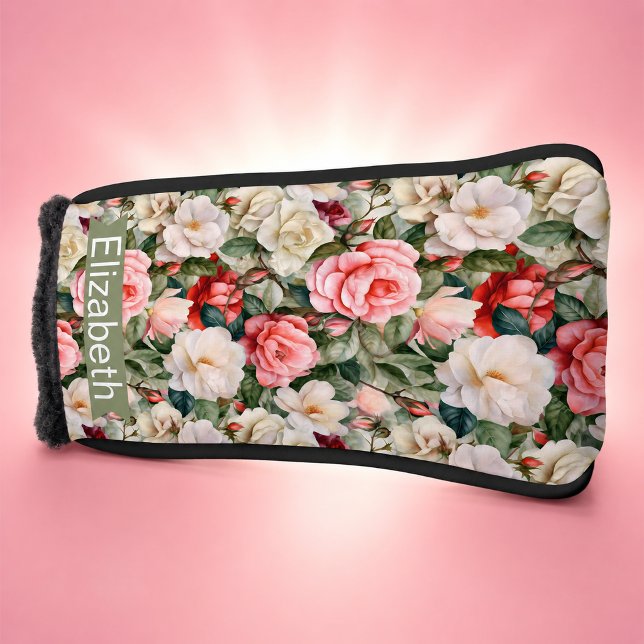  Pretty Rose Garden Patterned Personalised Golf Head Cover (Pretty Rose Garden Patterned and Personalized Golf Club Cover For Women)