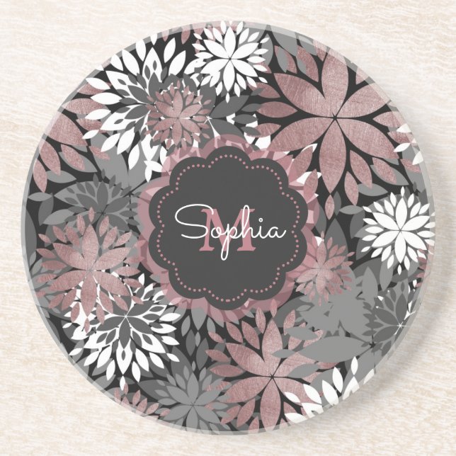 Pretty Rose Gold Geometric Flowers Illustration Coaster (Front)