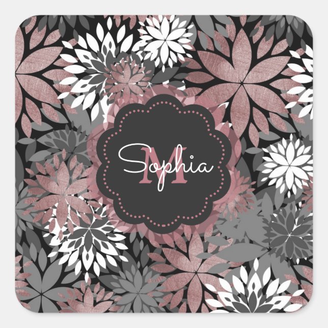 Pretty Rose Gold Geometric Flowers Illustration Square Sticker (Front)