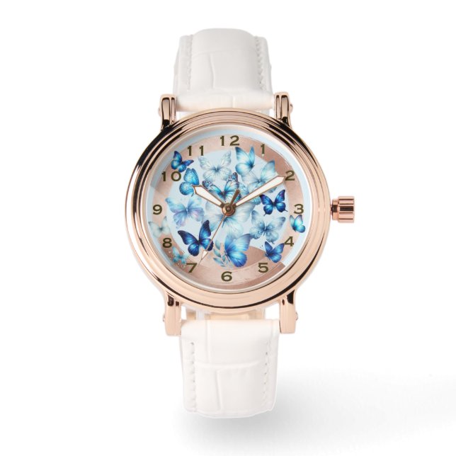 Pretty Rose Gold Look Blue Butterfly eWatch Watch (Front)