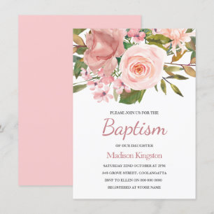 Pretty Rose Gold Pink Flowers Baptism Invite