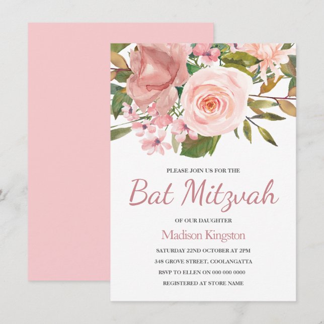 Pretty Rose Gold Pink Flowers Bat Mitzvah Invite (Front/Back)
