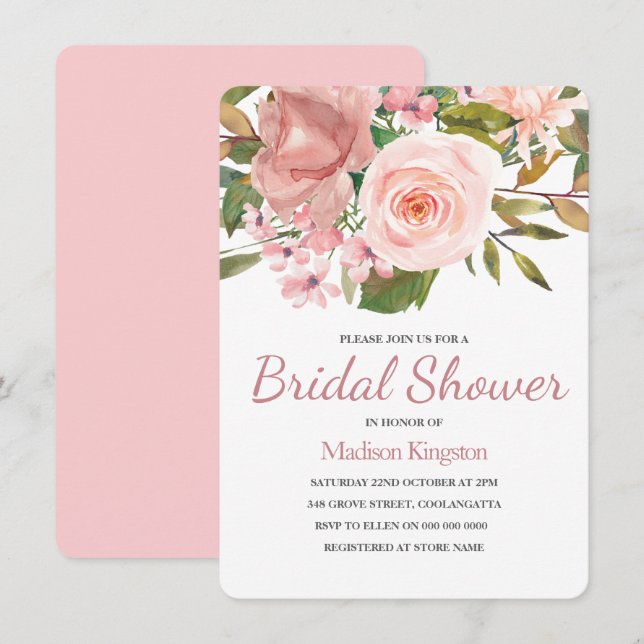 Pretty Rose Gold Pink Flowers Bridal Shower Invitation (Front/Back)