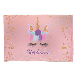 Pretty Rose Gold Unicorn Glitter Personalised Name Pillowcase