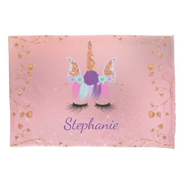 Pretty Rose Gold Unicorn Glitter Personalised Name Pillowcase (Front)