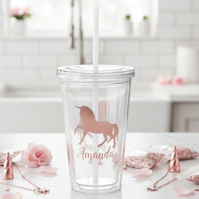 Pretty Rose Gold Unicorn Personalised Girly Acrylic Tumbler (Creator Uploaded)