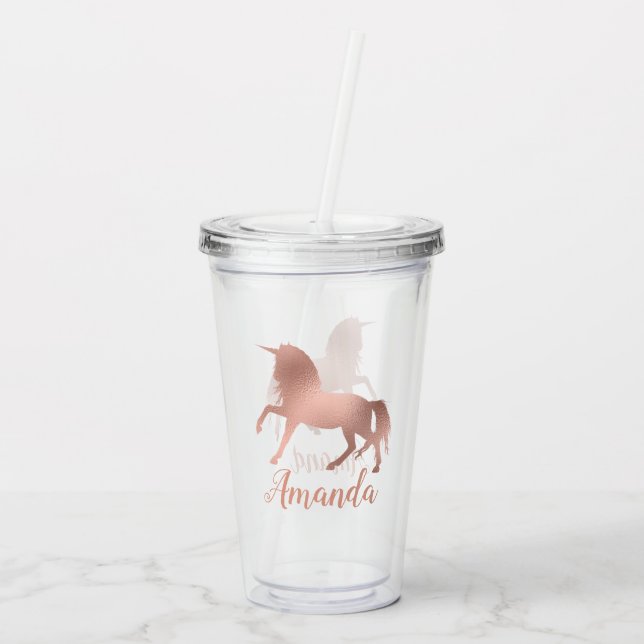 Pretty Rose Gold Unicorn Personalised Girly Acrylic Tumbler (Back)