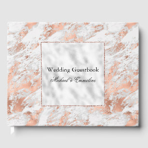 Pretty Rose Gold White Glitzy Marble Wedding Guest Book