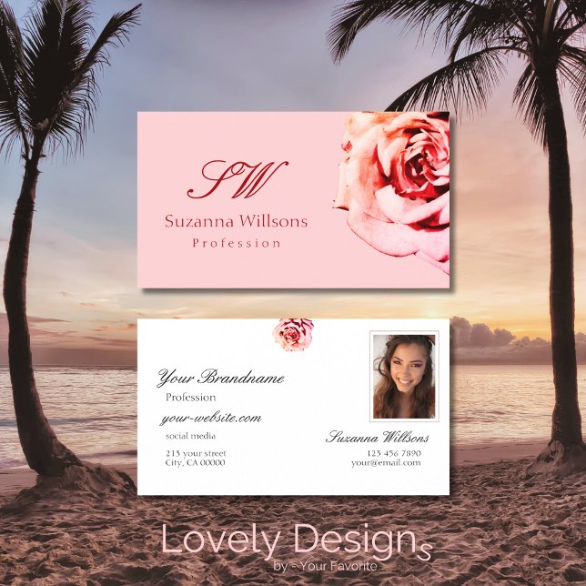 Pretty Rose on Plain Light Pink Initials and Photo Business Card (Creator Uploaded)