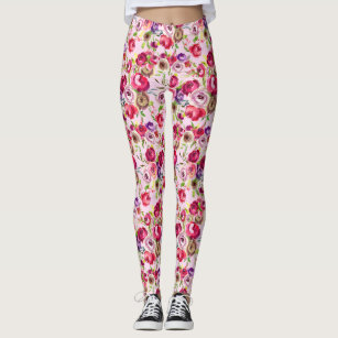 Pretty Rose Pink Chic Watercolor Peony Floral Leggings