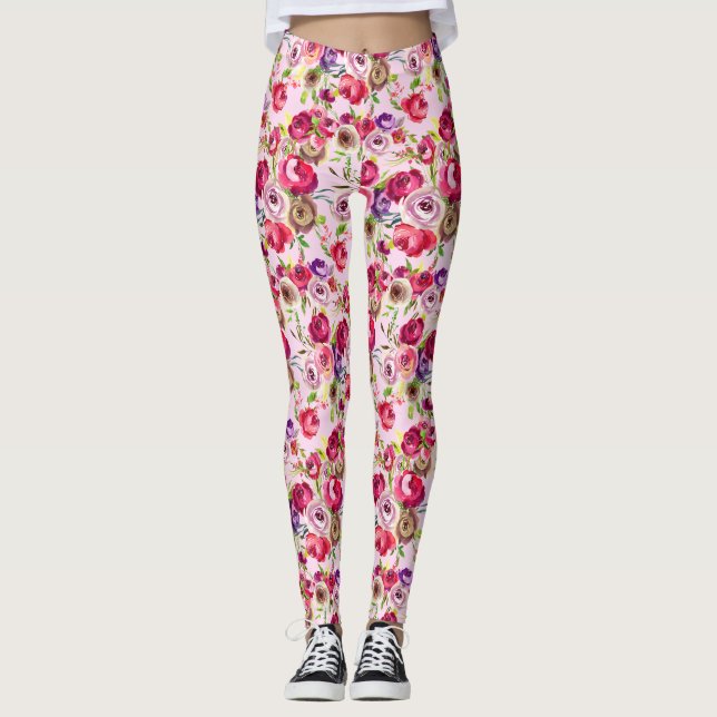 Pretty Rose Pink Chic Watercolor Peony Floral Leggings (Front)