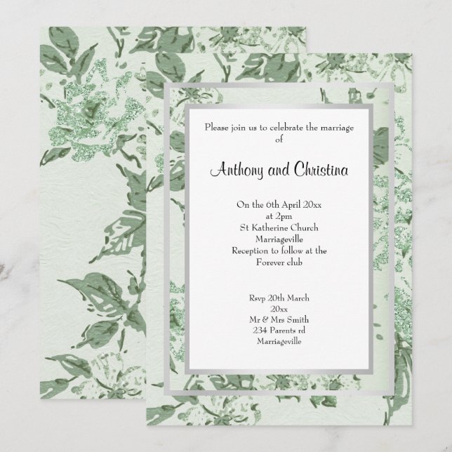 PRETTY ROSE SAGE GREEN SILVER WEDDING INVITATION (Front/Back)