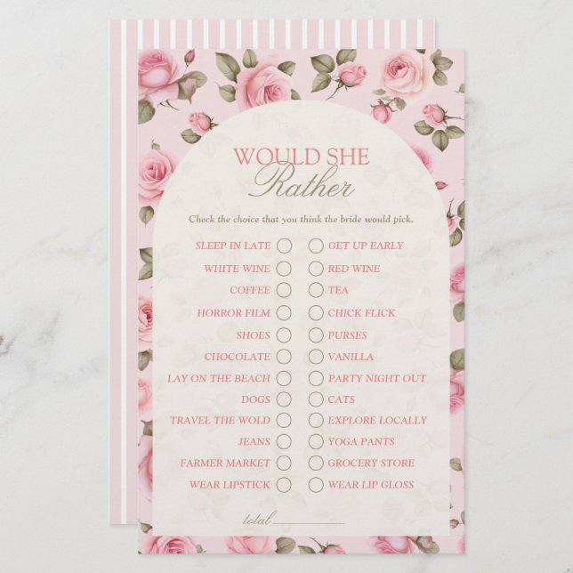 Pretty Rose Would She Rather Bridal Shower Game (Front/Back)