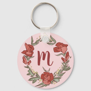 Pretty Rosebud Blossom Wreath Modern Monogram Key Ring