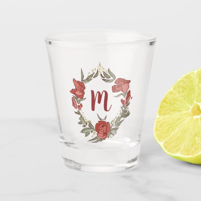Pretty Rosebud Blossom Wreath Modern Monogram Shot Glass (Front)