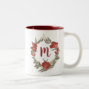 Pretty Rosebud Blossom Wreath Modern Monogram Two-Tone Coffee Mug