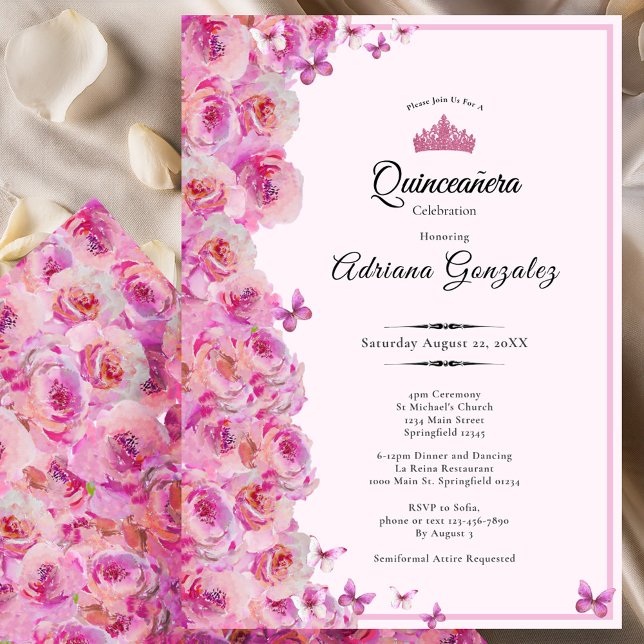Pretty Roses 15th birthday Pink Quinceanera Invitation (Creator Uploaded)