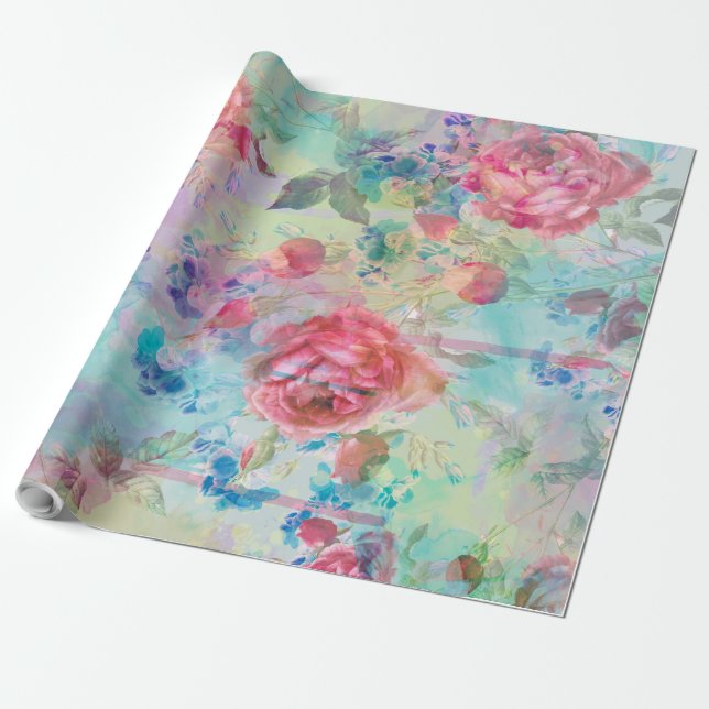 Pretty roses floral paint watercolors design wrapping paper (Unrolled)