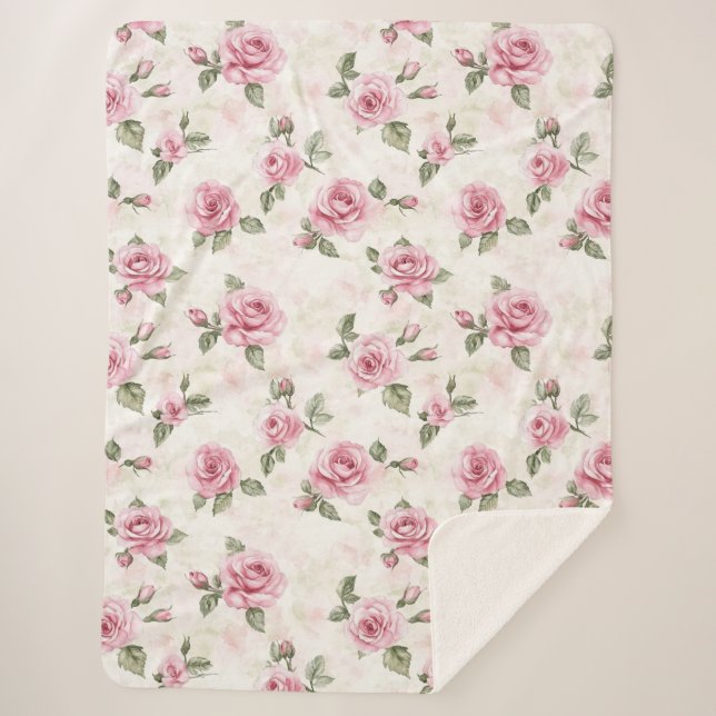 Pretty Roses Floral Pink Christmas Sherpa Blanket (Front)