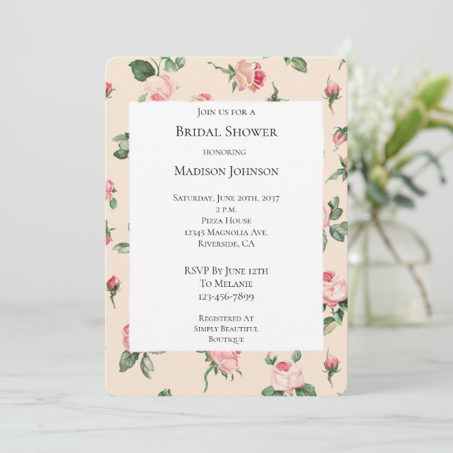 Pretty Roses Floral Pink Peach Cream Bridal Shower Invitation (Standing Front)