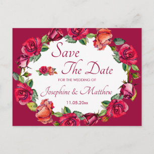 Pretty Roses Monogram Wreath Save the Date Announcement Postcard