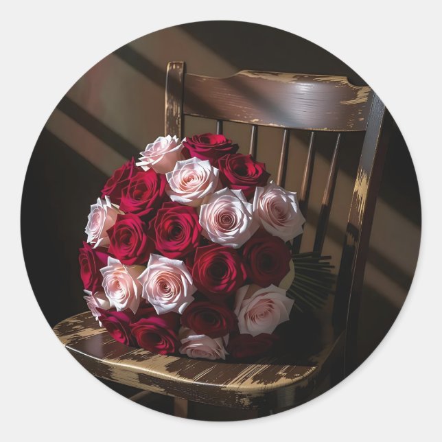 Pretty Roses on a Rustic Chair   Classic Round Sticker (Front)