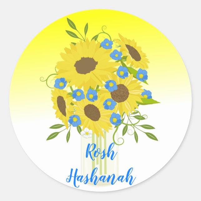 Pretty Rosh Hashanah Sunflower Vase Classic Round Sticker (Front)