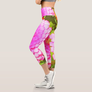 Pretty Round Pink Zinnia in the Summer Garden Capri Leggings