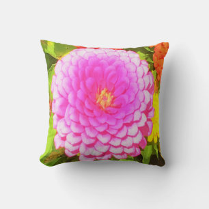 Pretty Round Pink Zinnia in the Summer Garden Cushion