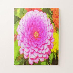 Pretty Round Pink Zinnia in the Summer Garden Jigsaw Puzzle