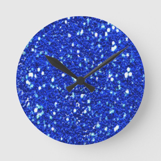 Pretty Royal Blue Sparkly Faux Glitter Look Round Clock (Front)