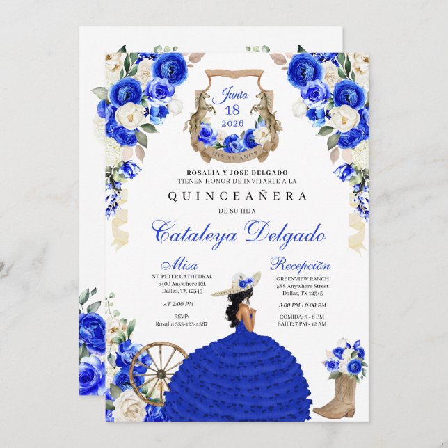 Pretty Royal Blue Western Charro Quinceañera Invitation (Front/Back)