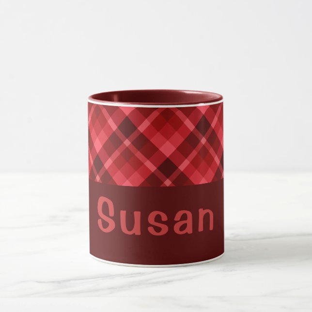 Pretty Ruby Red Plaid Monogram 11 oz Coffee Mug (Center)