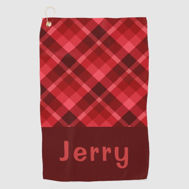 Pretty Ruby Red Plaid Monogram Golf Towel (Front)