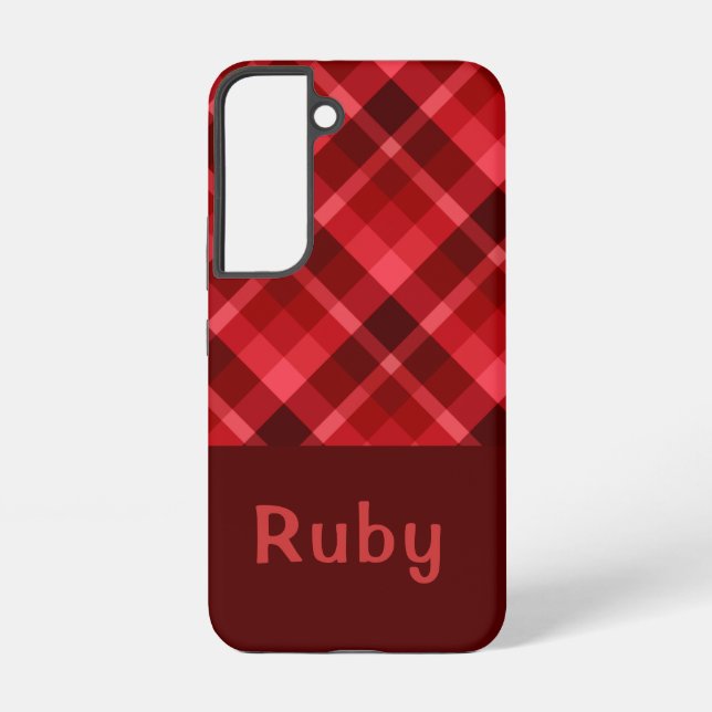 Pretty Ruby Red Plaid Monogram Phone Case (Back)