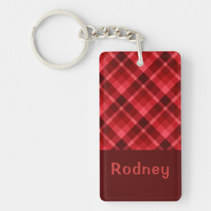 Pretty Ruby Red Plaid Monogram Rectangle Keychain