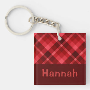 Pretty Ruby Red Plaid Monogram Square Keychain