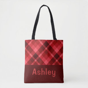 Pretty Ruby Red Plaid Monogram Tote Bag