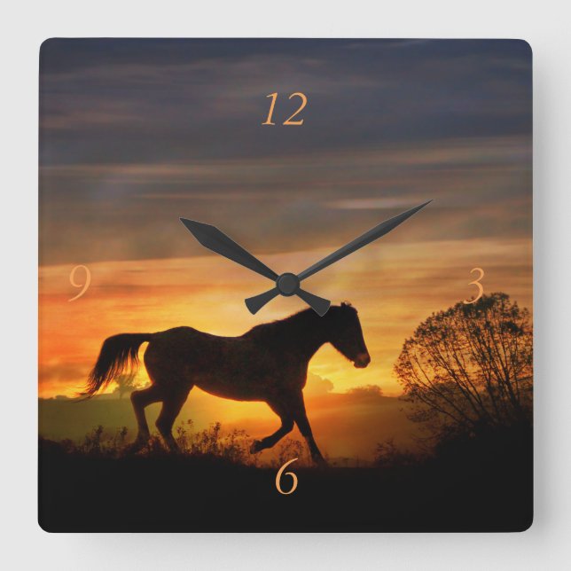 Pretty Running Horse in a Southwestern Sunrise Square Wall Clock (Front)