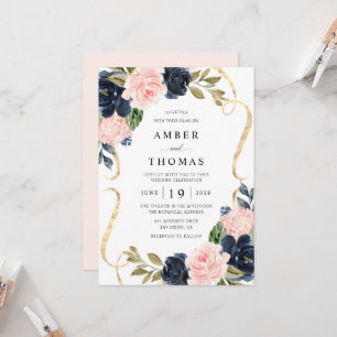 Pretty Rustic Blush Navy Floral Wedding Invitation