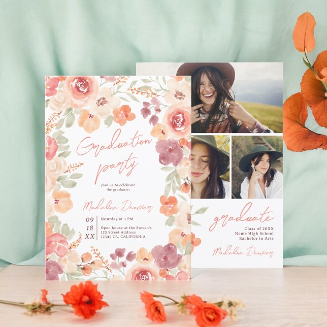 Pretty rustic boho floral 3 photos graduation invitation (Pretty rustic boho floral 3 photos graduation invitation)