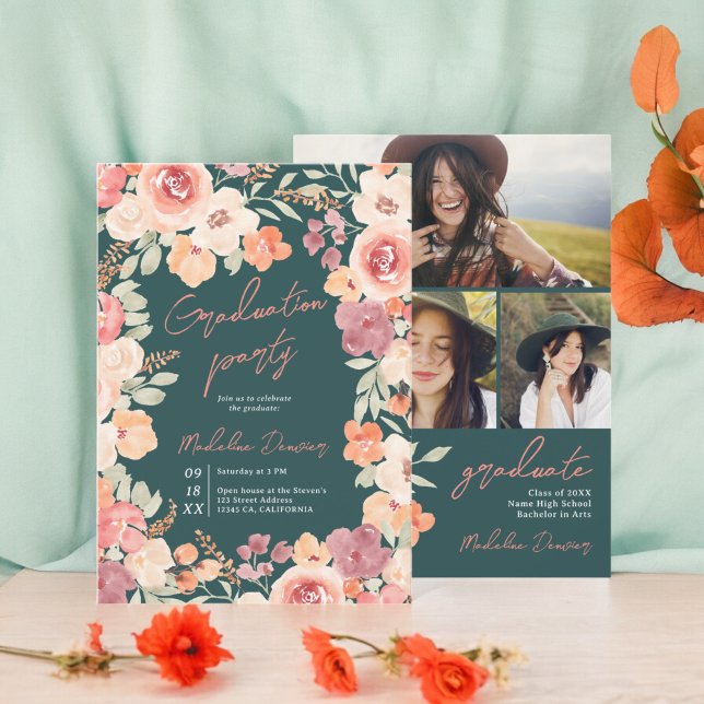 Pretty rustic boho floral teal 3 photos graduation invitation (Pretty rustic boho floral teal 3 photos graduation invitation on dark teal)