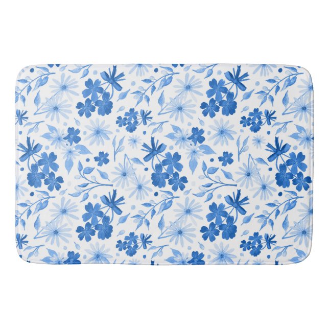 Pretty Rustic Country Blue Floral Botanical  Bath Mat (Front)