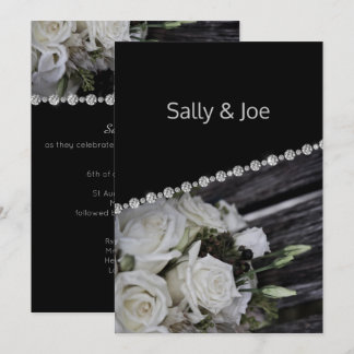 Pretty Rustic Floral Diamond Wedding Black Invitation