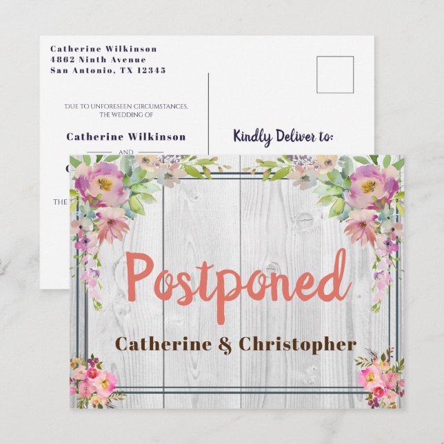 Pretty Rustic Floral Wood Wedding Postponed Postcard (Front/Back)