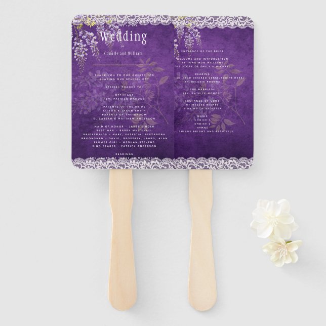 Pretty Rustic Purple WISTERIA Lace Wedding Hand Fan (Front and Back)