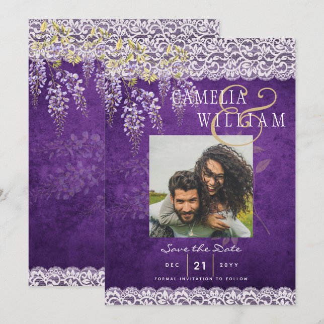 Pretty Rustic Purple WISTERIA Lace Wedding Invitation (Front/Back)