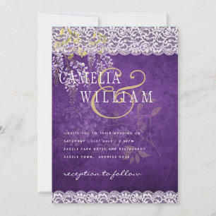 Pretty Rustic Purple WISTERIA Lace Wedding Invitation