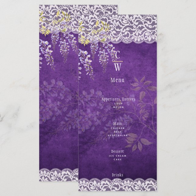 Pretty Rustic Purple WISTERIA Lace Wedding Menu (Front/Back)